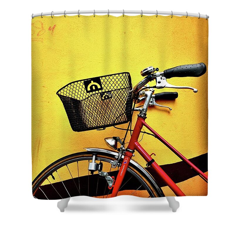 Leaning Shower Curtain featuring the photograph Red Bike And Yellow Wall by See Me On Flickr Account-metal543
