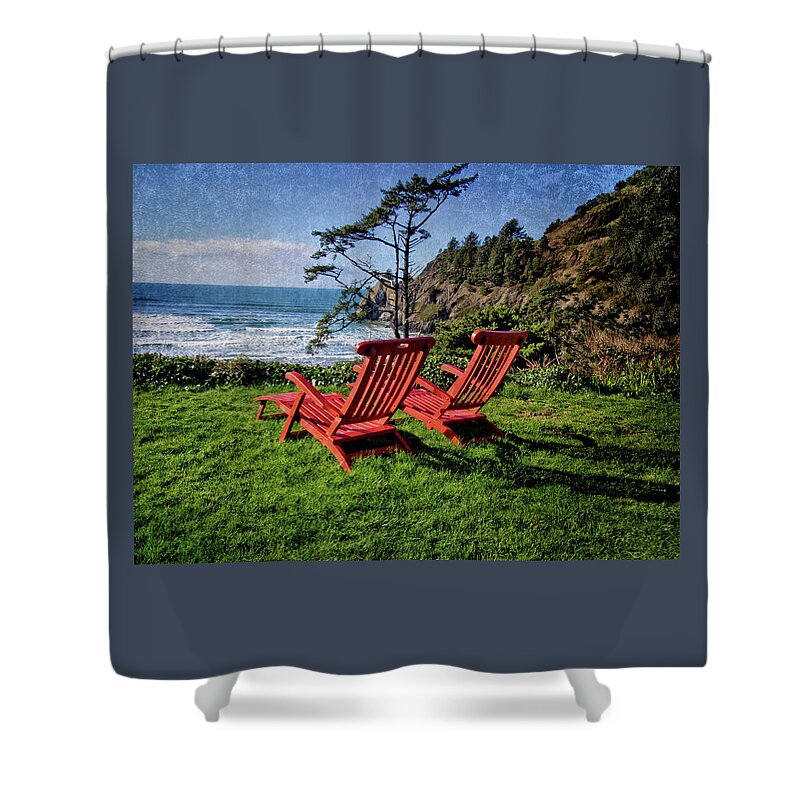 Adirondack Chairs Shower Curtain featuring the photograph Red Chairs At Agate Beach by Thom Zehrfeld
