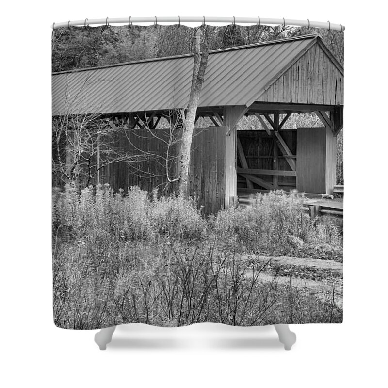 Red Covered Bridge Shower Curtain featuring the photograph Red Covered Bridge In The Brush Black And White by Adam Jewell
