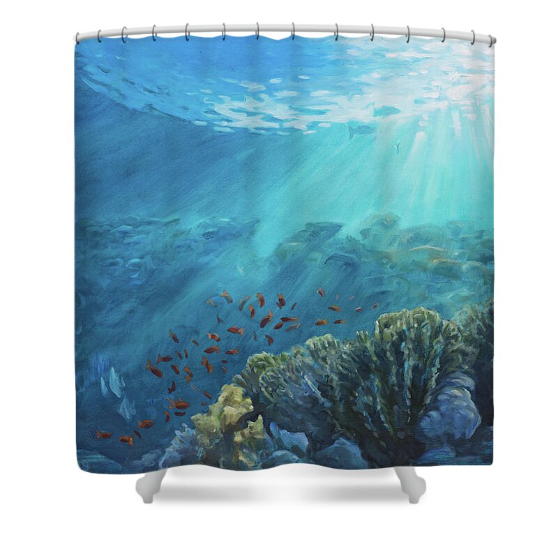 Sea Shower Curtain featuring the painting Red fishes running free by Marco Busoni
