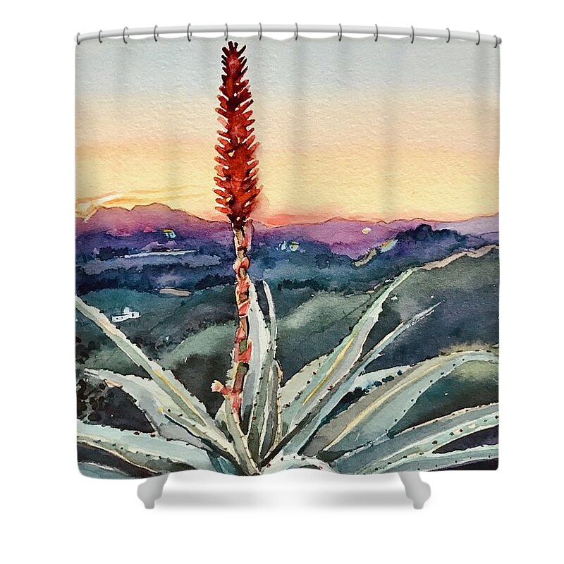 Santa Monica Shower Curtain featuring the painting Red Hot Poker Sunset - Topanga by Luisa Millicent