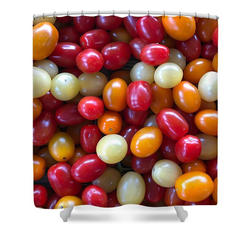 Freshness Shower Curtain featuring the photograph Red, Orange and Yellow Cherry Tomatoes by Jori Reijonen