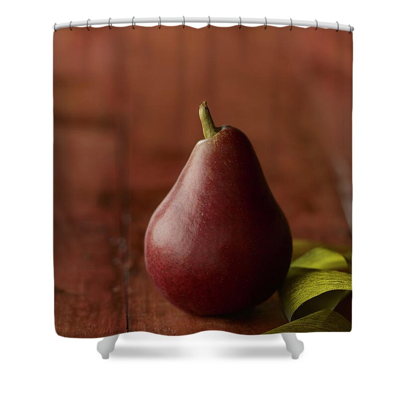 Healthy Eating Shower Curtain featuring the photograph Red Pear With Green Ribbon by Carin Krasner