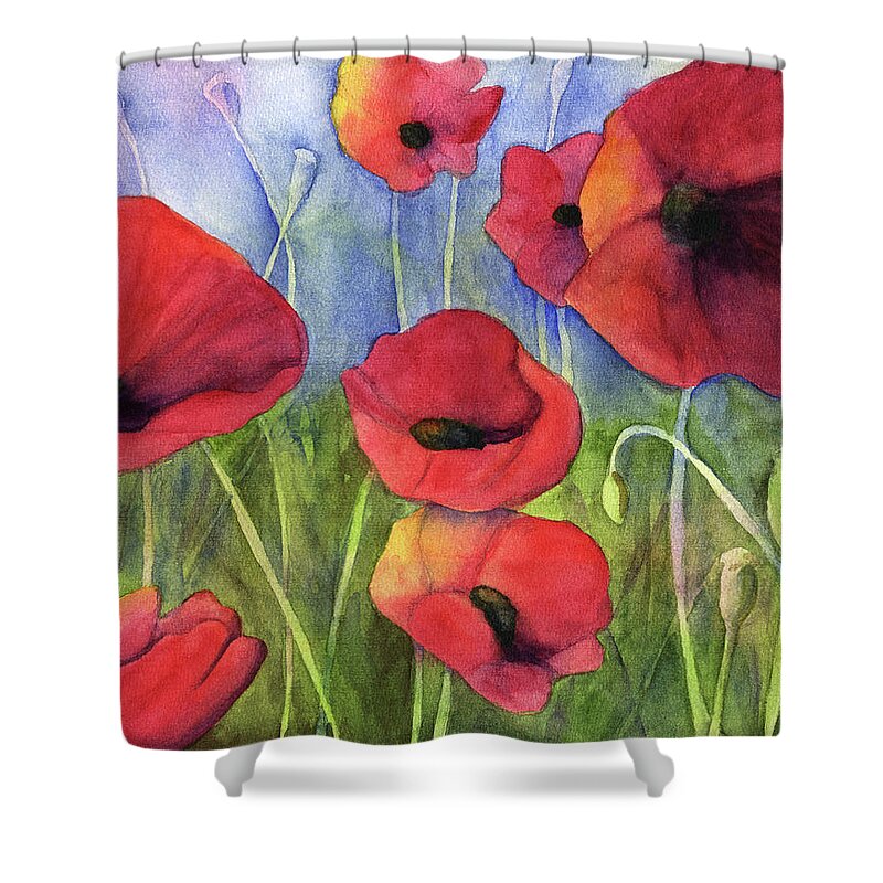 Flowerbed Shower Curtain featuring the digital art Red Poppies by H2o color