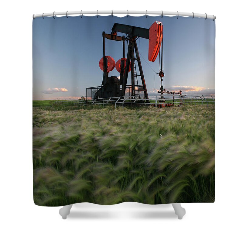 Wind Shower Curtain featuring the photograph Red Pumpjack In Alberta Crude Oil Field by Imaginegolf