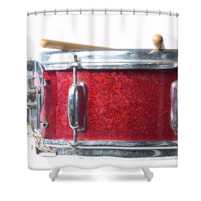 Rock Music Shower Curtain featuring the photograph Red Snare Drum And Sticks by Chapin31