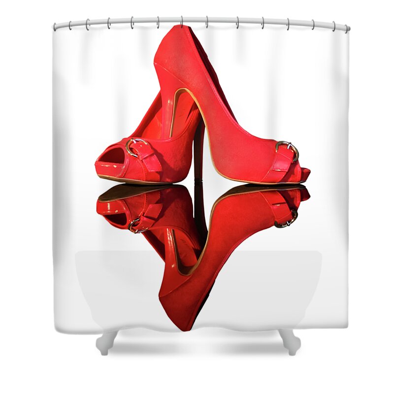 T-shirt Shower Curtain featuring the photograph Red Stiletto Shoes on Transparent background by Terri Waters