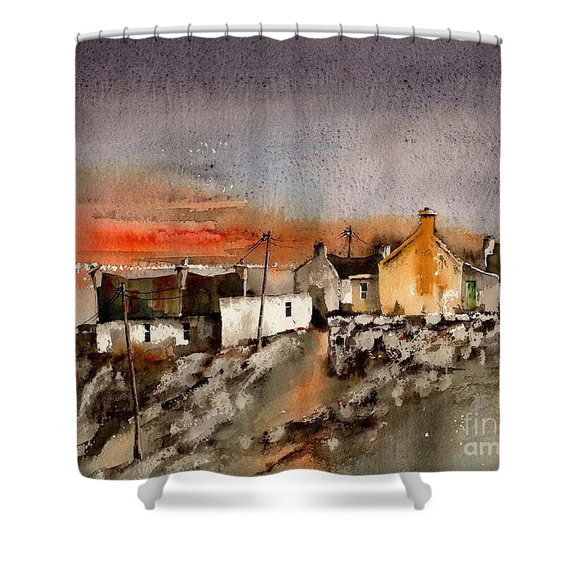  Shower Curtain featuring the painting Red Sunset on Dugort, Achill, Mayo by Val Byrne