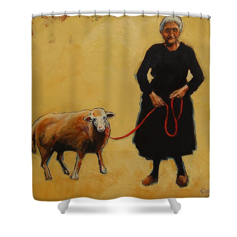 Woman Shower Curtain featuring the painting Red Tether by Jean Cormier