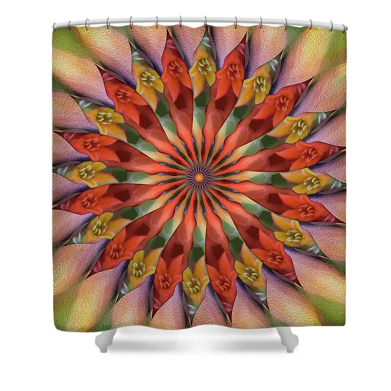Spin-flower Mandala Shower Curtain featuring the digital art Red Velvet Quillineum by Becky Titus
