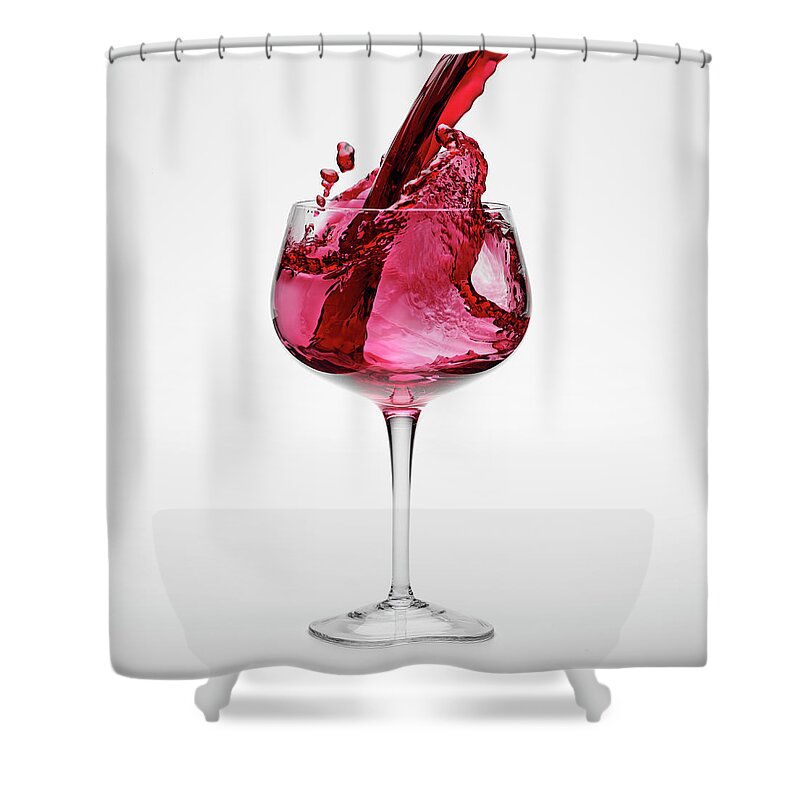 White Background Shower Curtain featuring the photograph Red Wine Being Poured Into Wineglass by Don Farrall