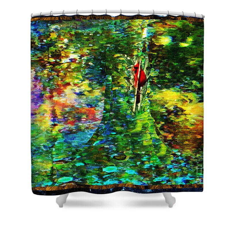 Communication Shower Curtain featuring the mixed media Redbird Singing Songs of Love in the Tree of Hope by Aberjhani
