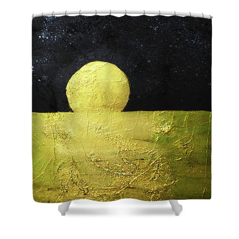 Abstract Shower Curtain featuring the painting Golden Moon Reflections by Sharon Williams Eng
