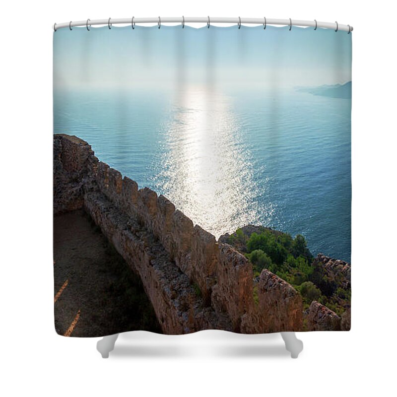 Seascape Shower Curtain featuring the photograph Reflections of the sun in Alanya by Sun Travels
