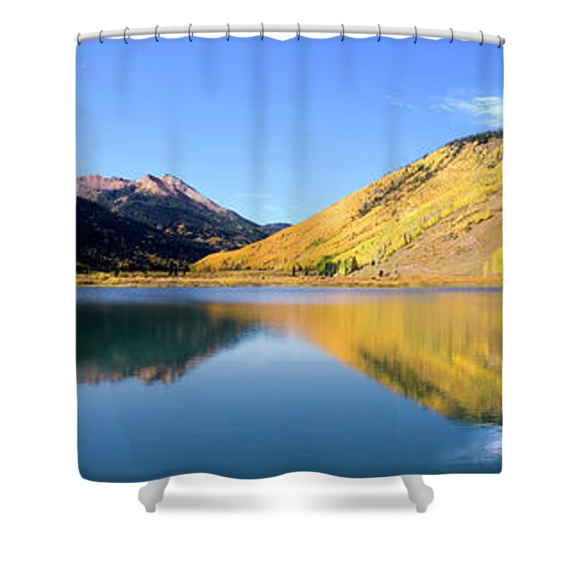 San Juan Mountains Shower Curtain featuring the photograph Reflective Crystal Lake With Yellow by Dmathies