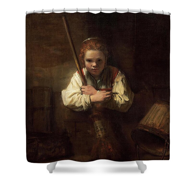 Oil On Canvas Shower Curtain featuring the painting Rembrandt Workshop -Possibly Carel Fabritius- A Girl with a Broom. by Rembrandt Workshop -Possibly Carel Fabritius-