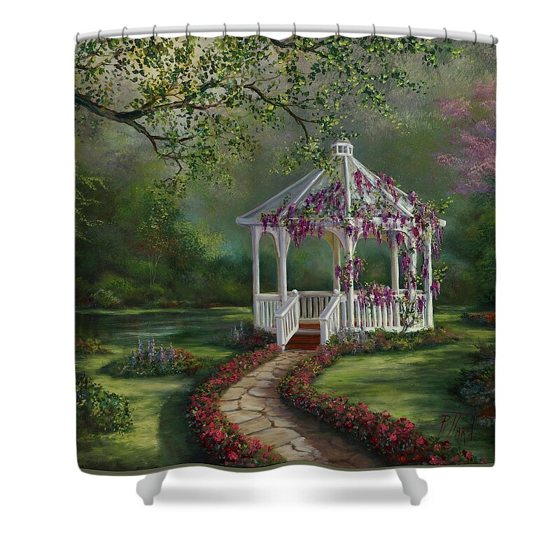 Gazebo Shower Curtain featuring the painting Gazebo Rendezvous by Lynne Pittard