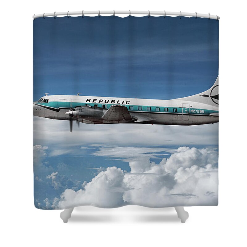 Republic Airlines Shower Curtain featuring the mixed media Republic Airlines Convair CV-580 Among the Clouds by Erik Simonsen