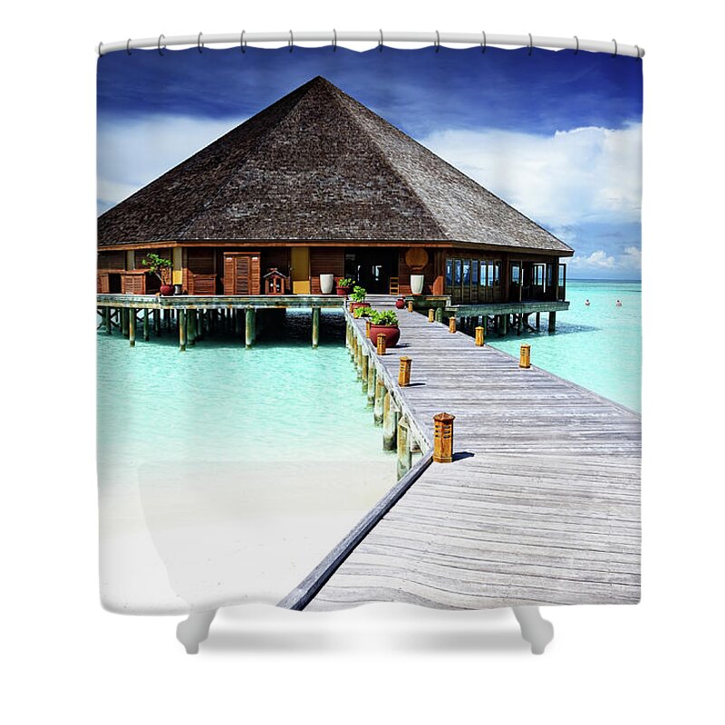 Beach Hut Shower Curtain featuring the photograph Restaurant On The Maldives by Alxpin