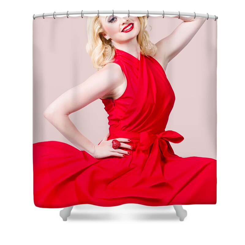 Fashion Shower Curtain featuring the photograph Retro blond pinup woman wearing a red dress by Jorgo Photography