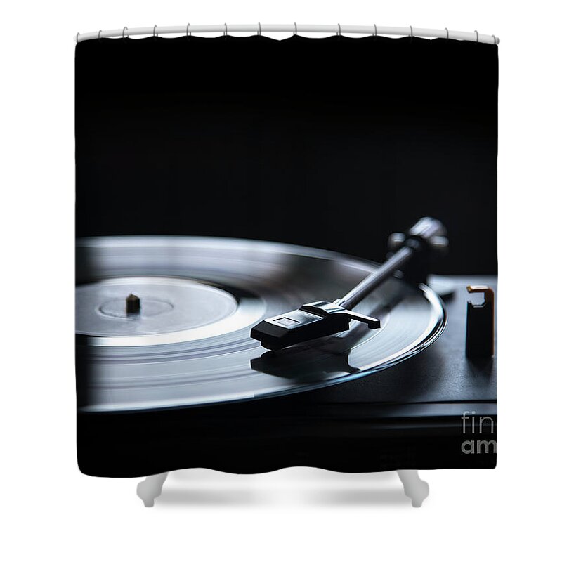 Gramophone Shower Curtain featuring the photograph Retro gramophone vinyl player over black background with copyspa by Jelena Jovanovic