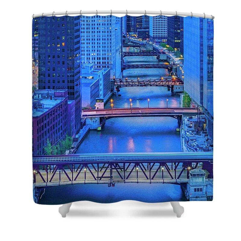 Estock Shower Curtain featuring the digital art River & Bridges, Chicago, Il by Claudia Uripos