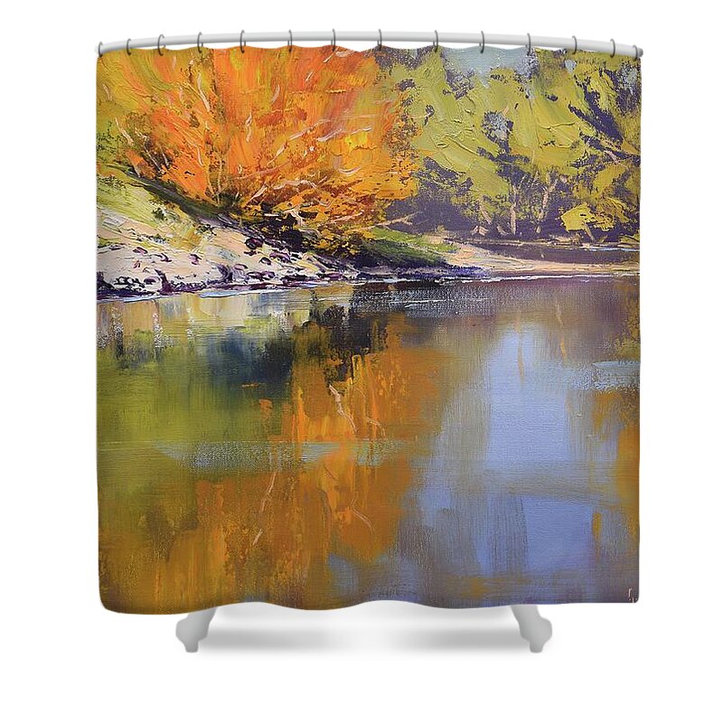 River Shower Curtain featuring the painting River Bank reflections by Graham Gercken