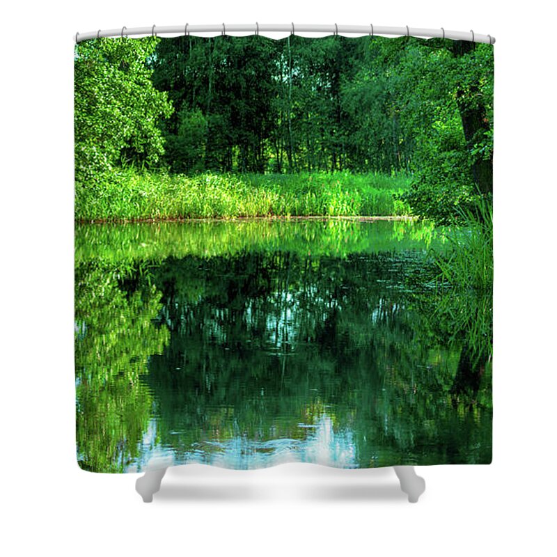 Spreewald Shower Curtain featuring the photograph River bend in the green Spreewald by Sun Travels
