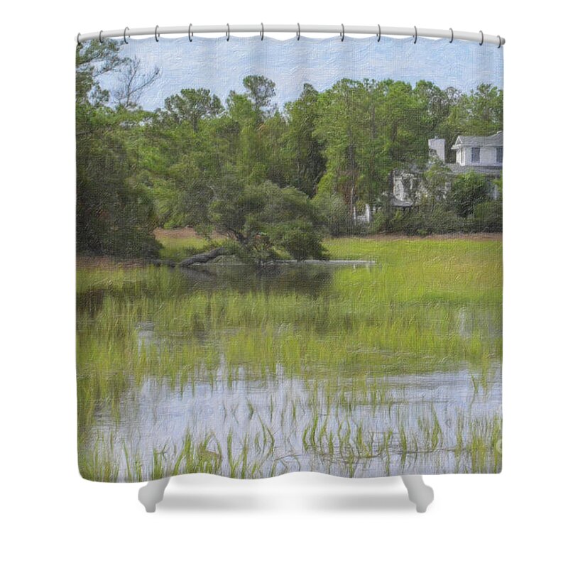 2276 Hartford Bluff Cir Shower Curtain featuring the painting Rivertowne on the Wando - Salt Marsh by Dale Powell
