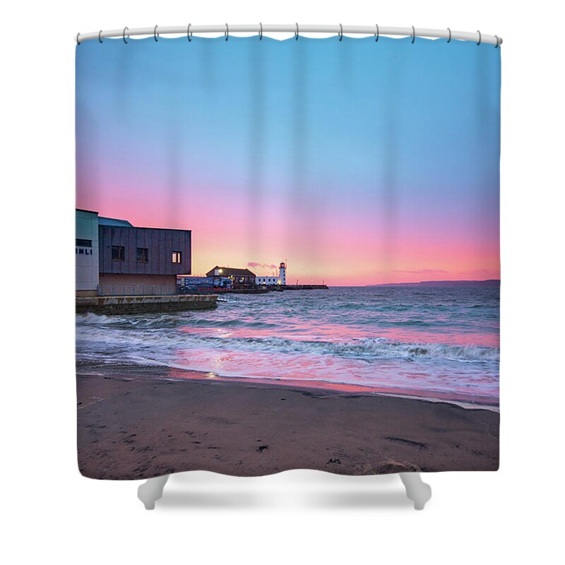 Scarborough Shower Curtain featuring the mixed media RNLI Scarborough by Smart Aviation