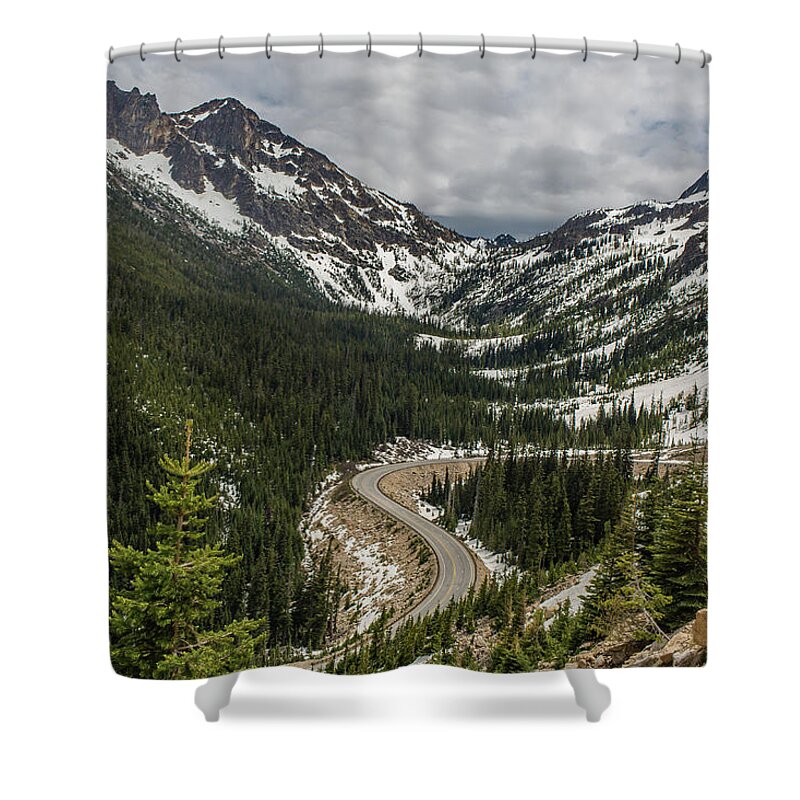 Road Shower Curtain featuring the photograph Road between the mountain, North Casacades National Park,Washington  by Julieta Belmont