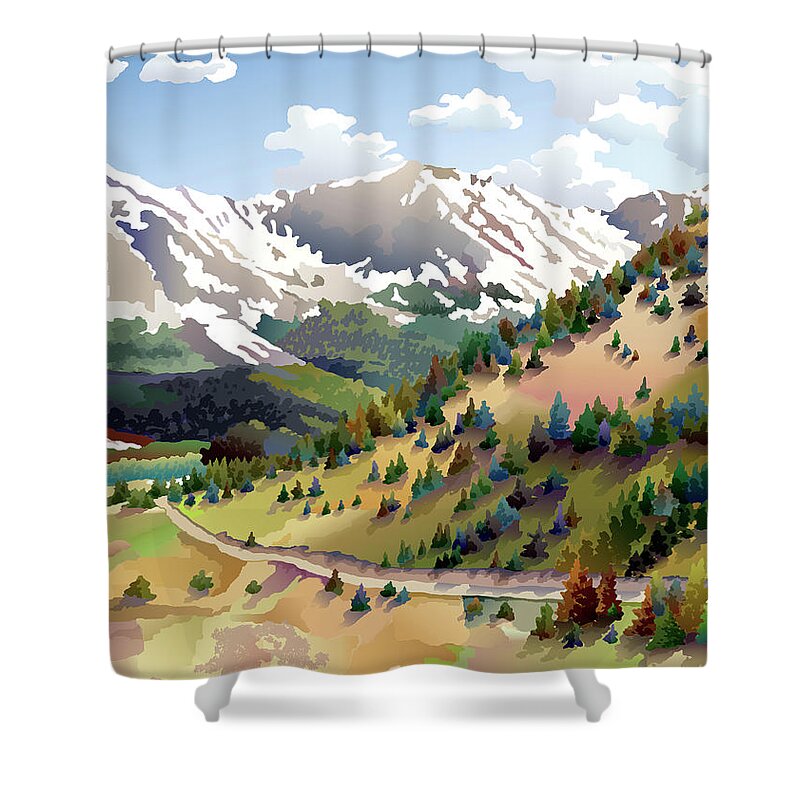Rocky Mountains Shower Curtain featuring the digital art Road to Alma II by Anne Gifford