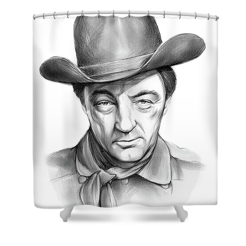Robert Mitchum Shower Curtain featuring the drawing Robert Mitchum Cowboy by Greg Joens