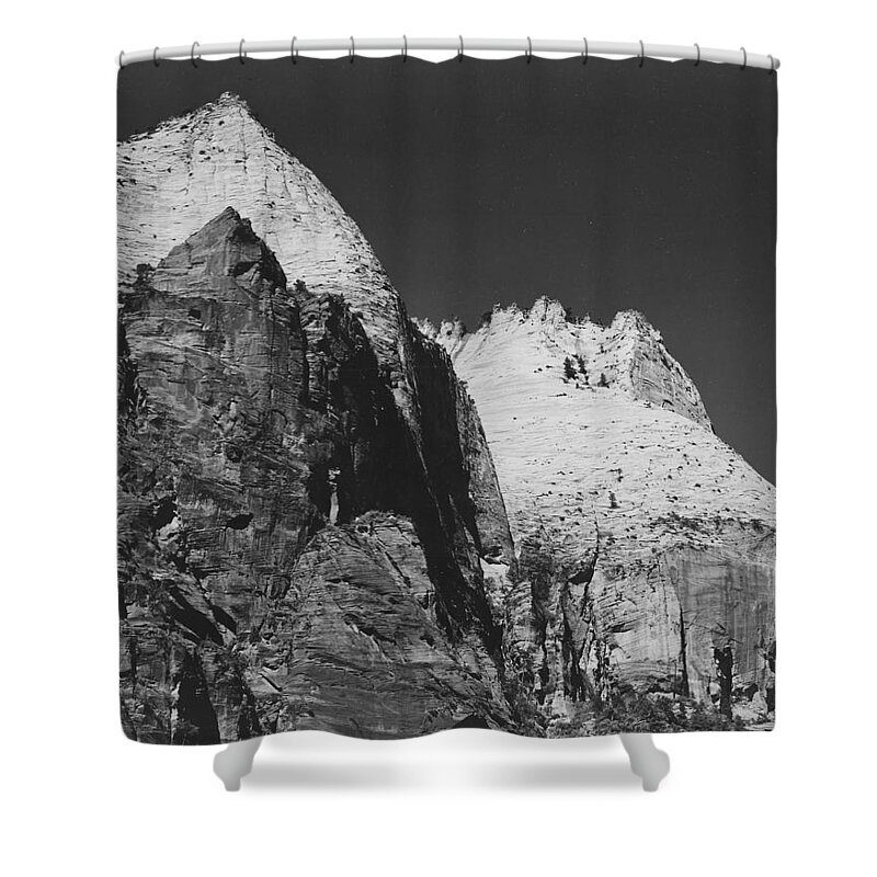 Rock Shower Curtain featuring the painting Rock formation against dark sky Zion National Park 1941 Utah. 1941 by Ansel Adams