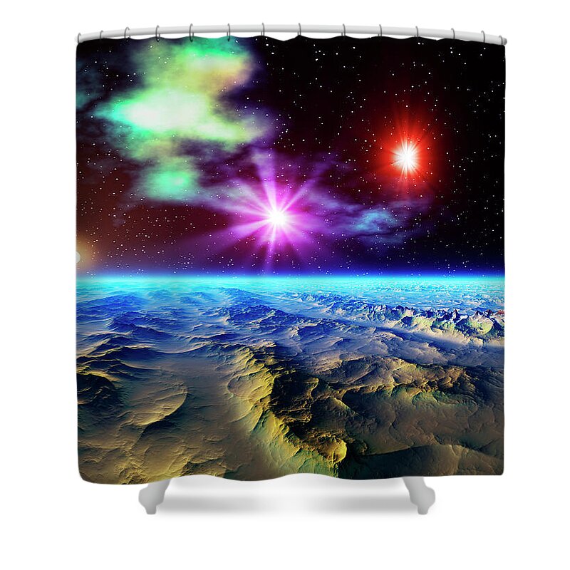 Outdoors Shower Curtain featuring the digital art Rock Formation And Sky With Stars by Kazuhisa Akeo/a.collectionrf