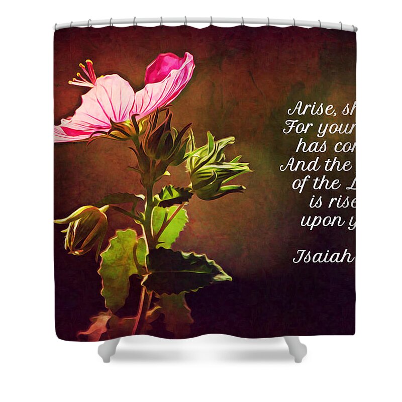 Flower Shower Curtain featuring the digital art Rock Rose Lighted and Scripture by Gaby Ethington