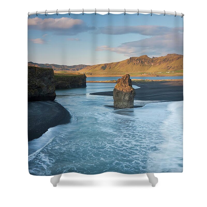 Scenics Shower Curtain featuring the photograph Rock-stack And Bay, Dyrholaey, Vik by Peter Adams