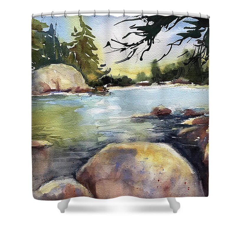 Landscape Shower Curtain featuring the painting Rocking the River by Judith Levins