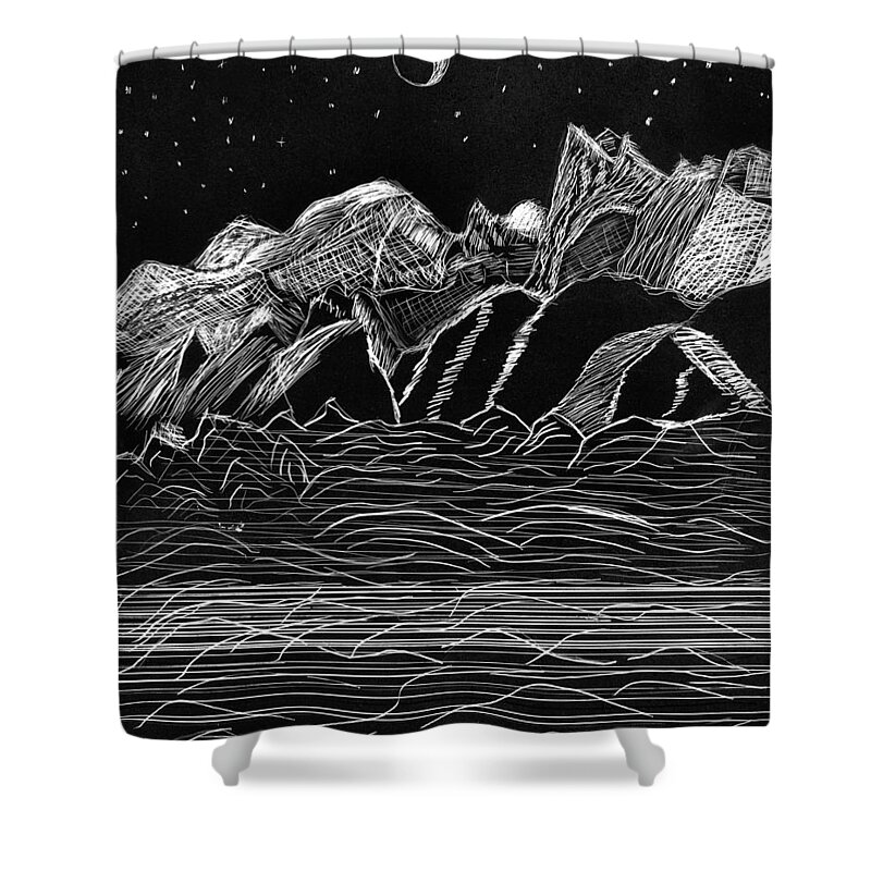 Rocky Mountains Shower Curtain featuring the drawing Rocky Mountain High by Branwen Drew