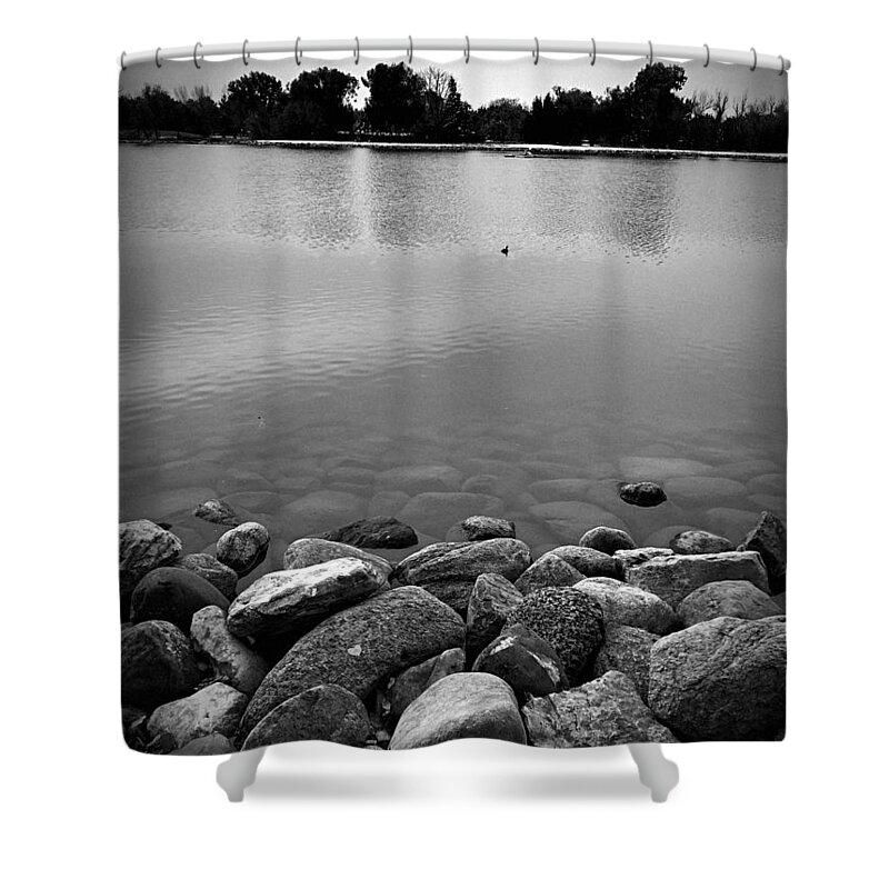Black And White Photograph Shower Curtain featuring the digital art Rocky Shoreline by Donald S Hall