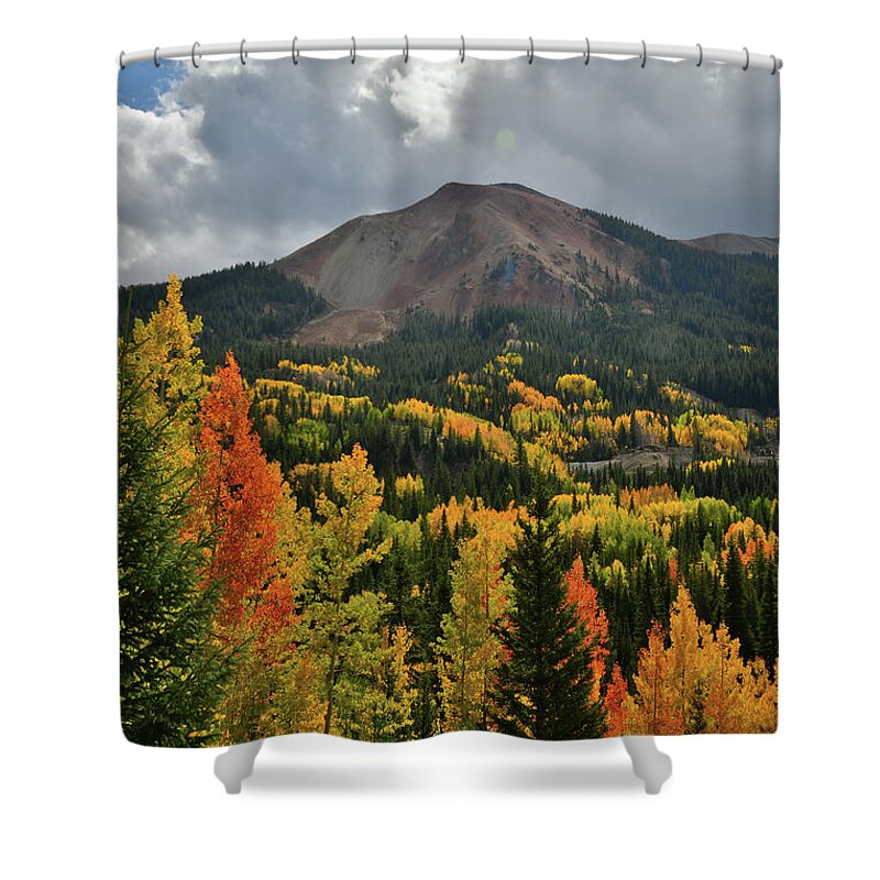 Red Mountain Pass Shower Curtain featuring the photograph Rolling Clouds above Red Mountain and Fall Colors by Ray Mathis