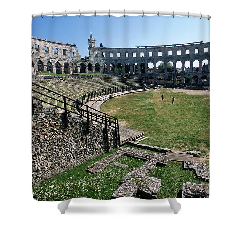 Arch Shower Curtain featuring the photograph Roman Amphitheater In Croatia by Connie Coleman