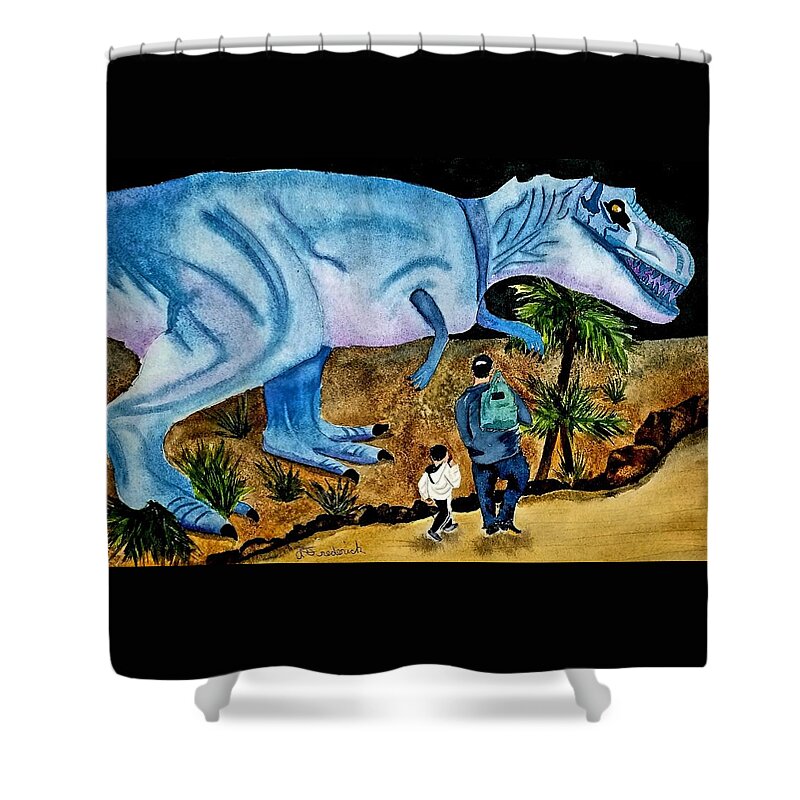 Dinosaur Shower Curtain featuring the painting Roman Dino by Ann Frederick