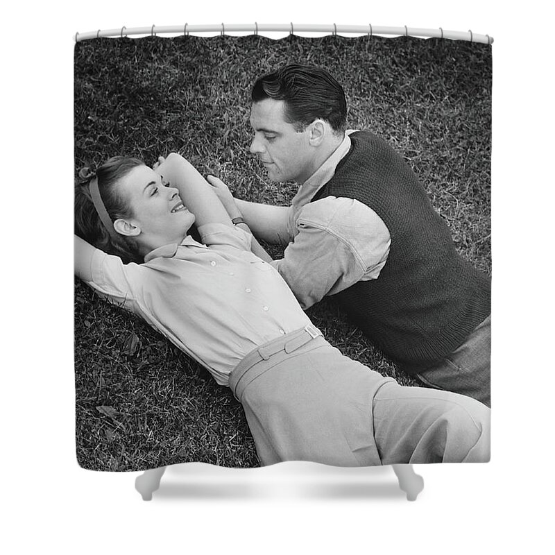 Heterosexual Couple Shower Curtain featuring the photograph Romantic Couple Lying On Grass, B&w by George Marks