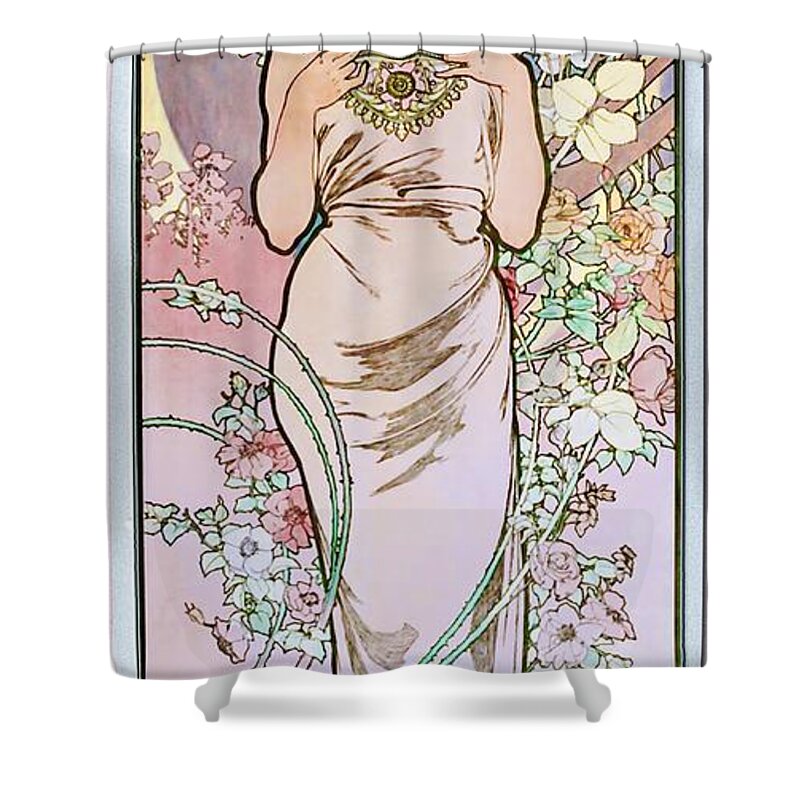 Rose Shower Curtain featuring the painting Rose by Alphonse Mucha by Rolando Burbon