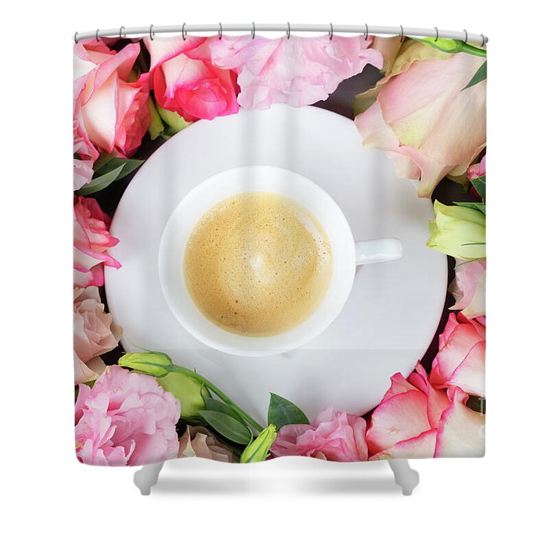 Roses Shower Curtain featuring the photograph Coffee with scent of Roses by Anastasy Yarmolovich