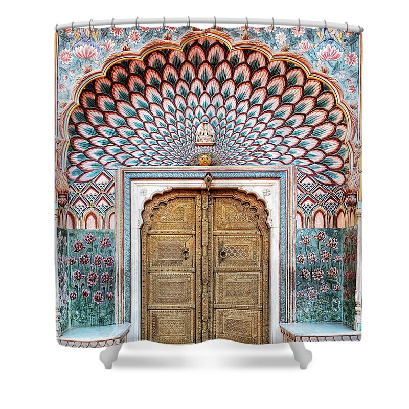 Rose Shower Curtain featuring the photograph Rose gate door in City Palace of Jaipur, Rajasthan, India by Marek Poplawski