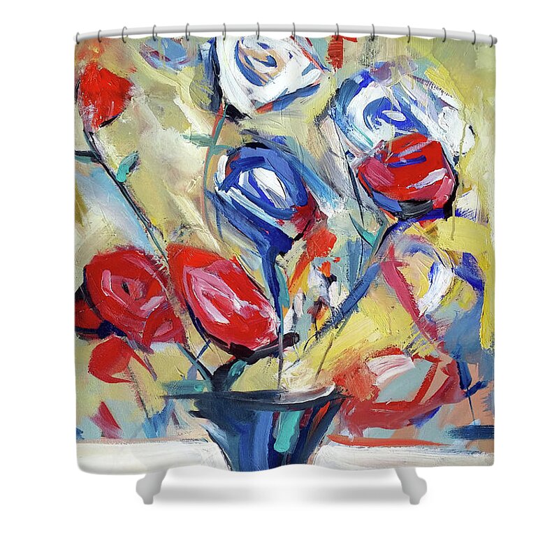  Shower Curtain featuring the painting Roses and Bluez by John Gholson