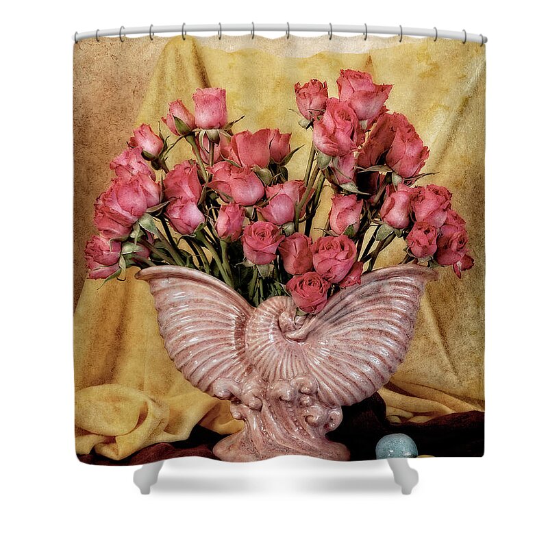 Pink Vase Shower Curtain featuring the photograph Roses in Pink Vintage Vase by Sandra Selle Rodriguez