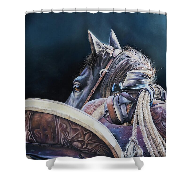 Ranch Horse Shower Curtain featuring the pastel ROUND and ROUND by Joni Beinborn